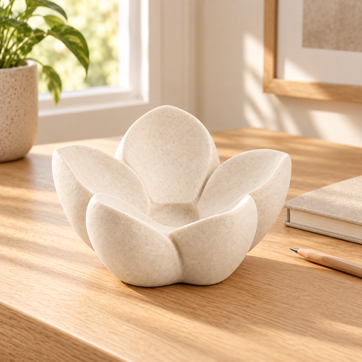 First Bloom tabletop sculpture in Warm Ivory: desk view