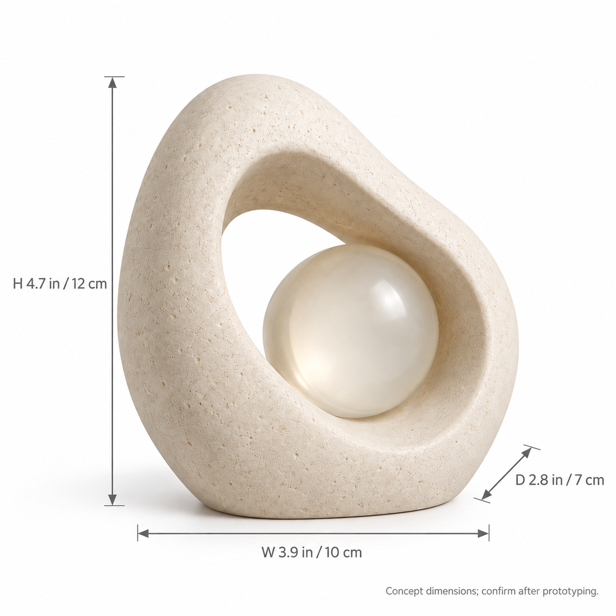 Nucleus tabletop sculpture in Warm Ivory: size view