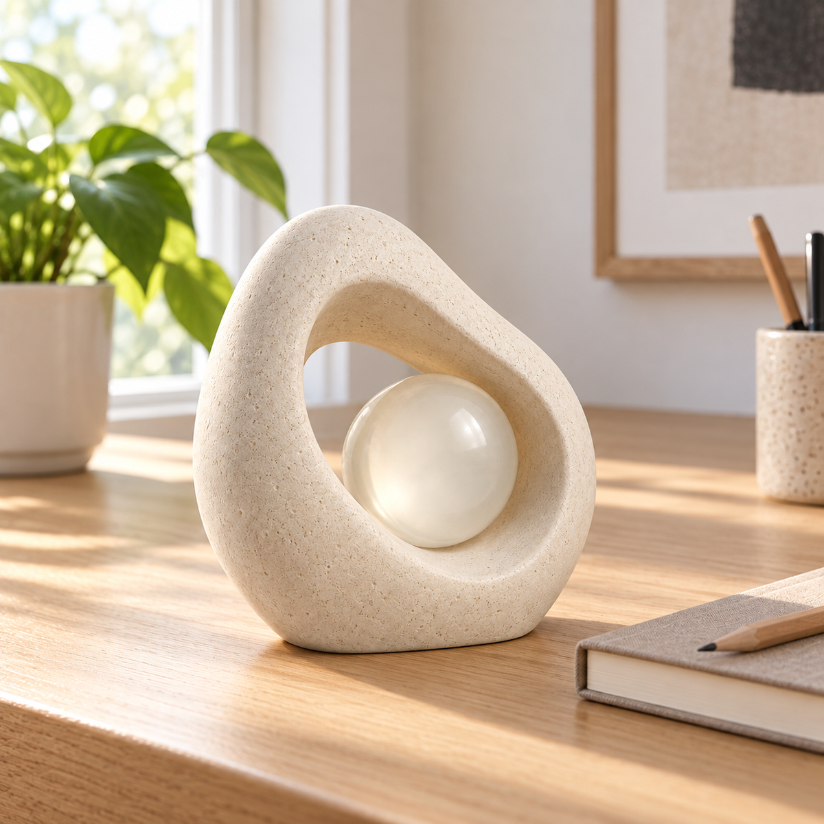 Nucleus tabletop sculpture in Warm Ivory: desk view