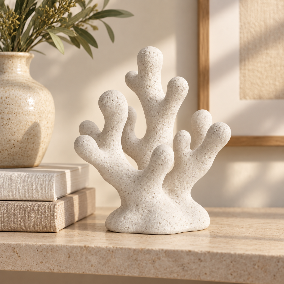 Branching Sea tabletop sculpture in Sand White: shelf view