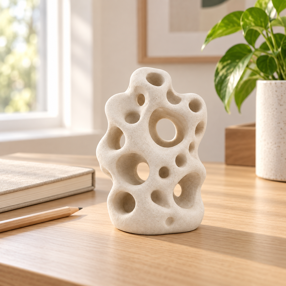 Tide Pores tabletop sculpture in Sand White: desk view