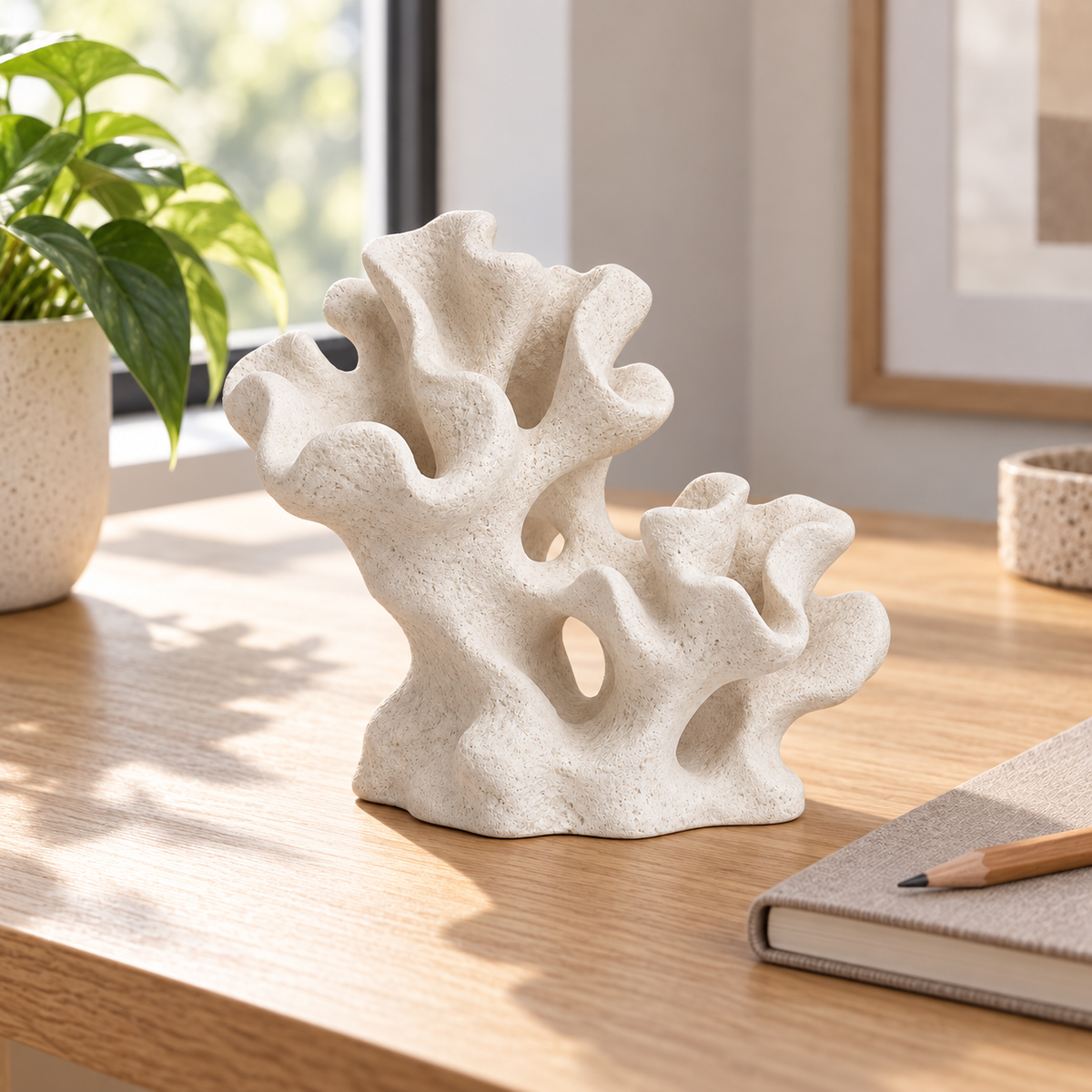 Twin Reef tabletop sculpture in Sand White: desk view