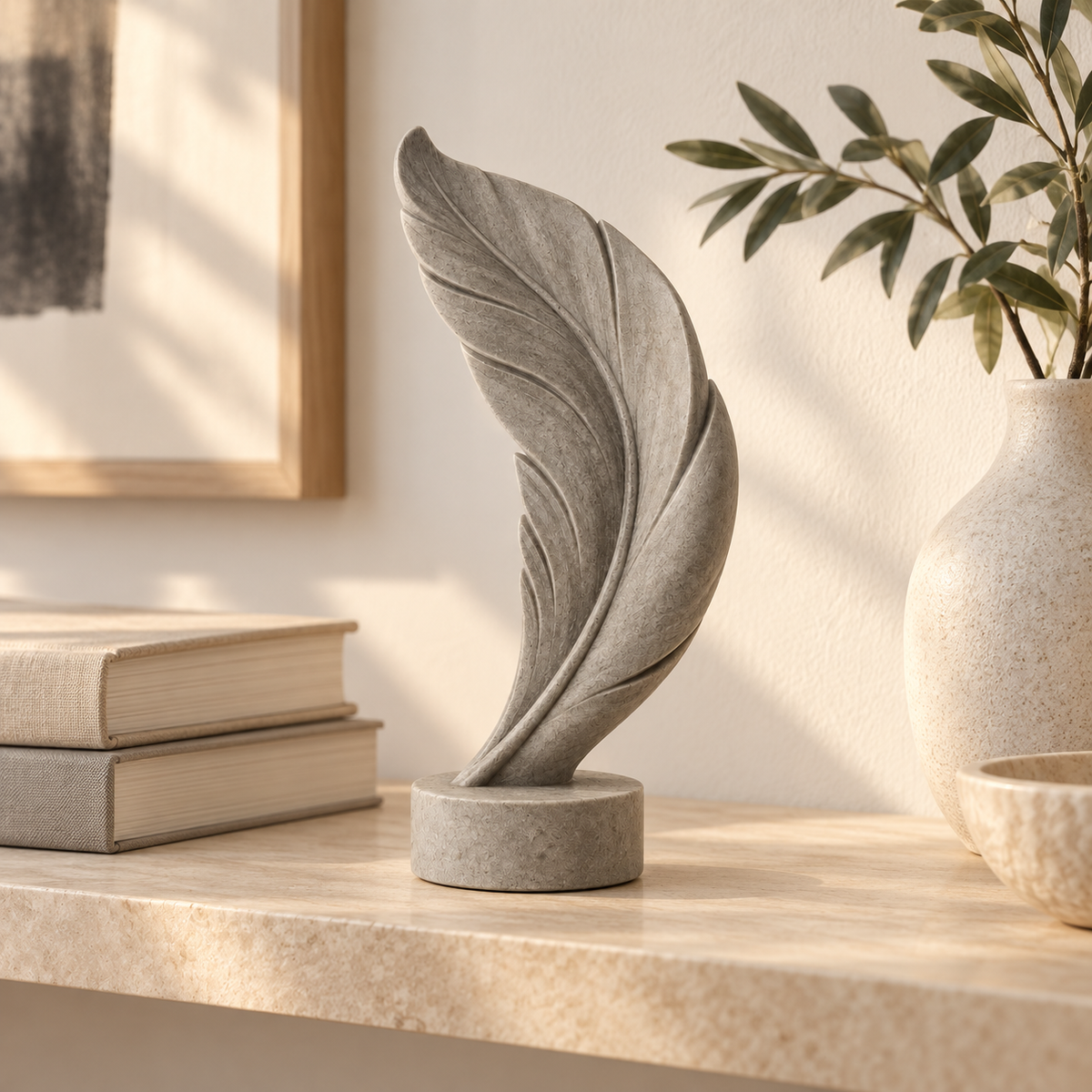 Feather Trace tabletop sculpture in Stone Gray: shelf view