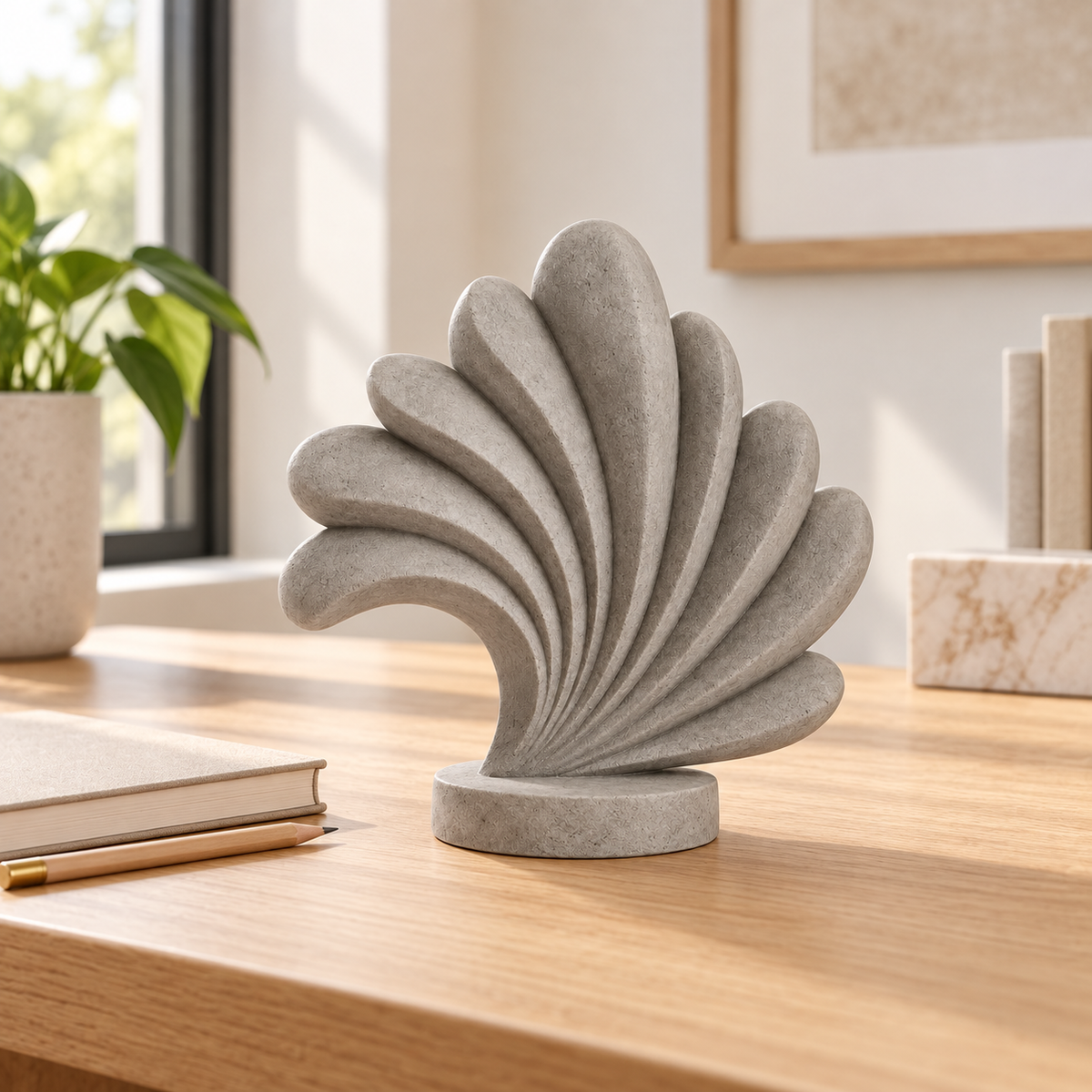 Plume tabletop sculpture in Stone Gray: desk view