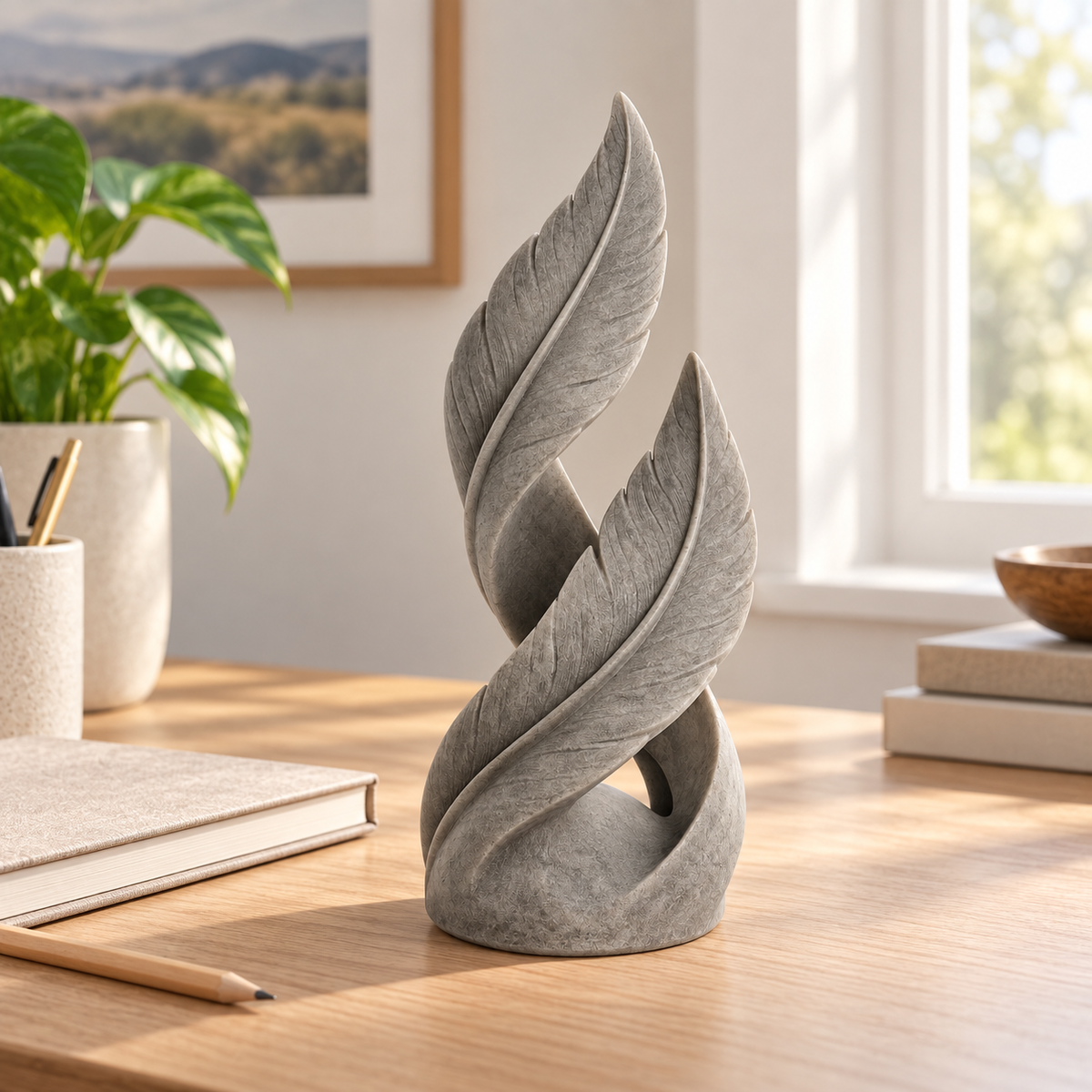 Updraft tabletop sculpture in Stone Gray: desk view