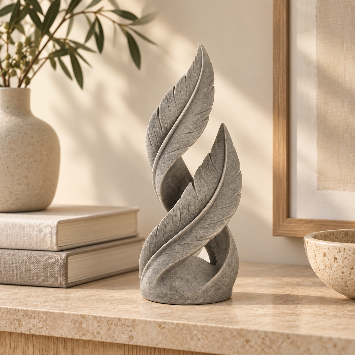 Updraft tabletop sculpture in Stone Gray: shelf view