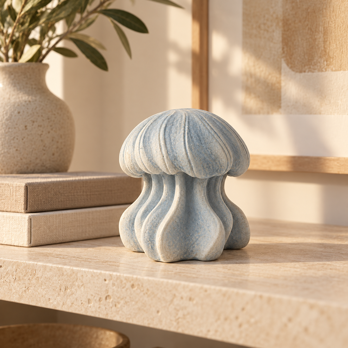 Deep Bell tabletop sculpture in Mist Blue And Ivory: shelf view