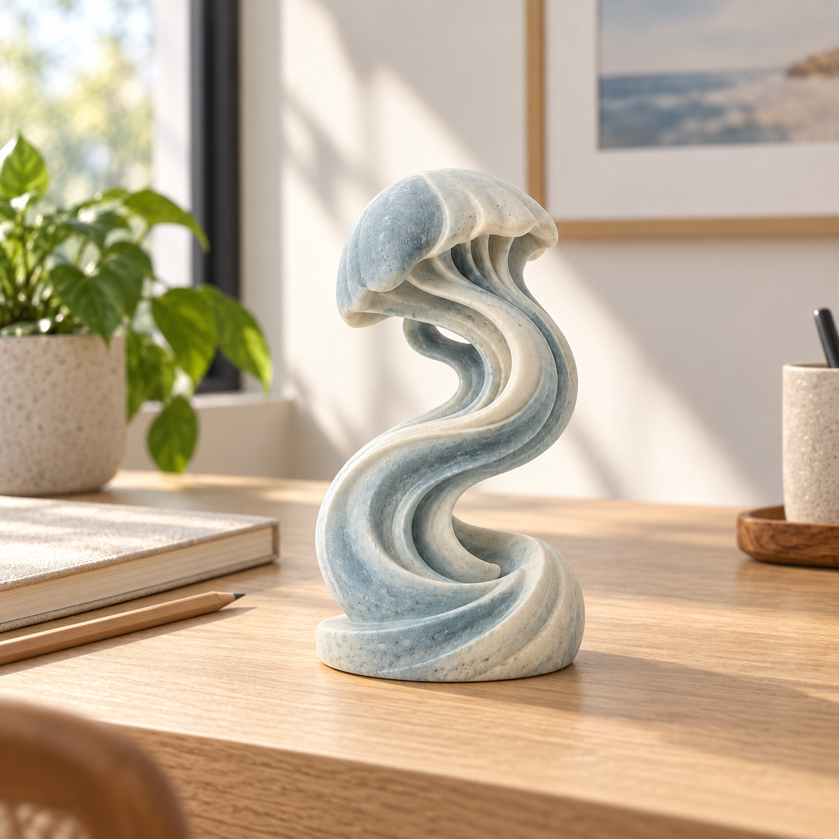 Tidal Spiral tabletop sculpture in Mist Blue And Ivory: desk view