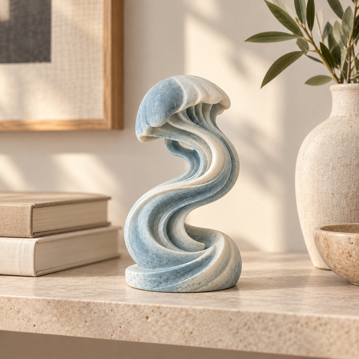 Tidal Spiral tabletop sculpture in Mist Blue And Ivory: shelf view