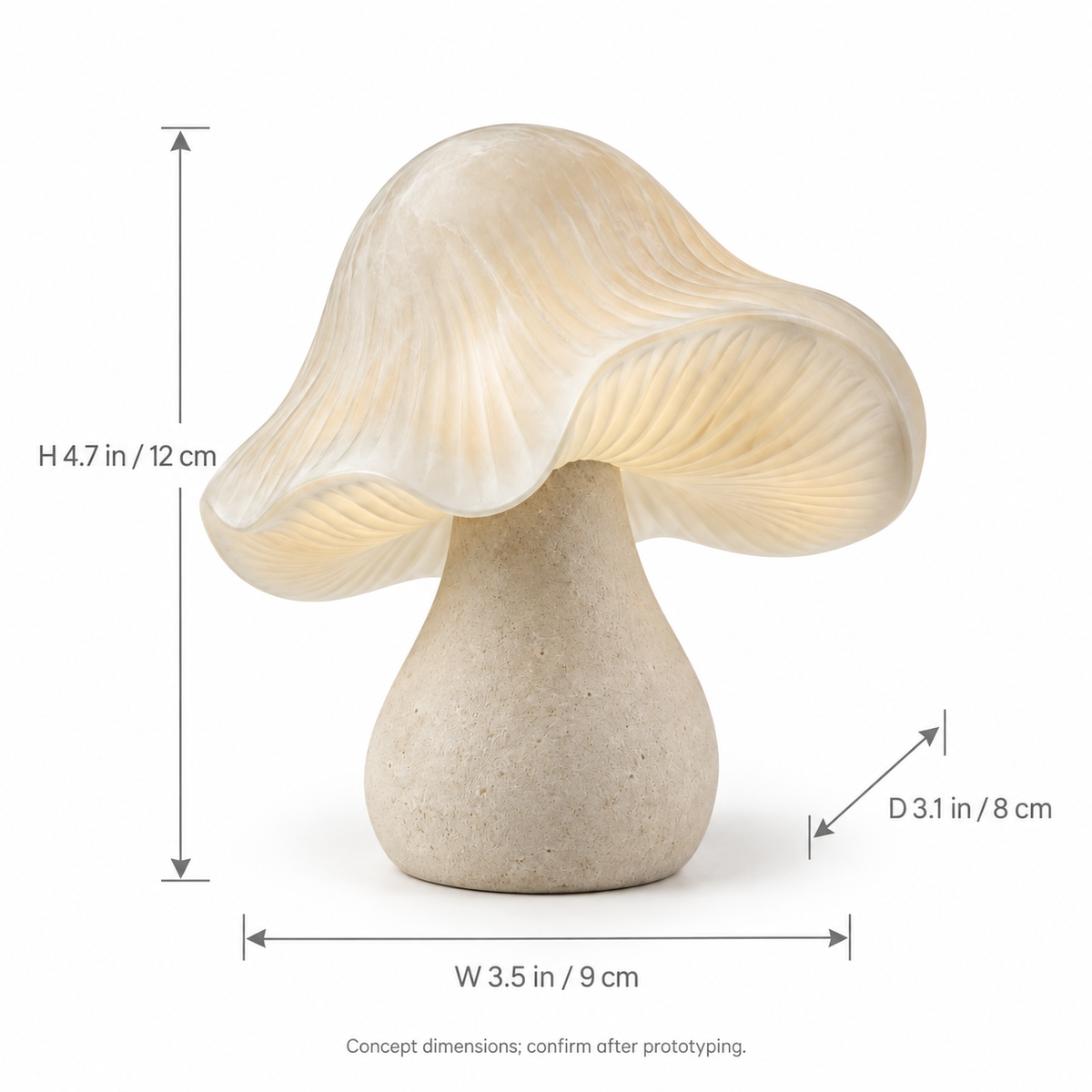 Glowcap tabletop sculpture in Warm Cream: size view