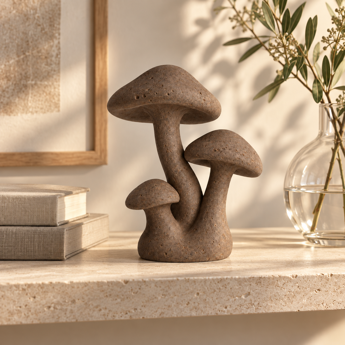 Trio tabletop sculpture in Walnut Brown: shelf view