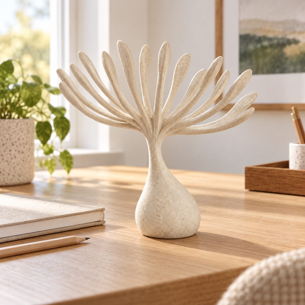 Windborne tabletop sculpture in Warm Ivory: desk view
