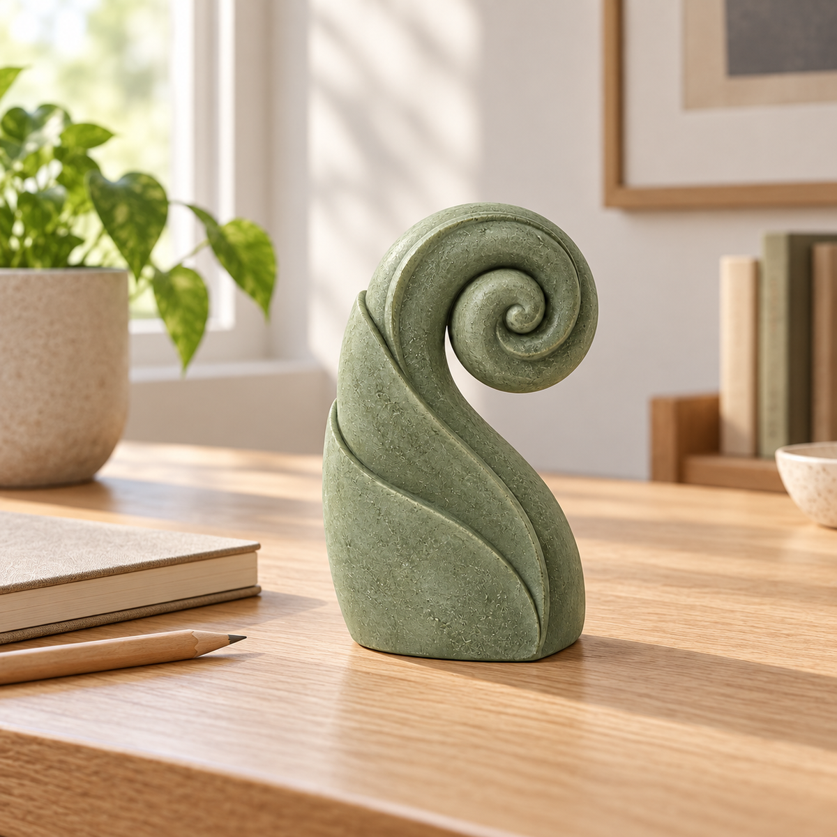Unfurl tabletop sculpture in Muted Sage Green: desk view