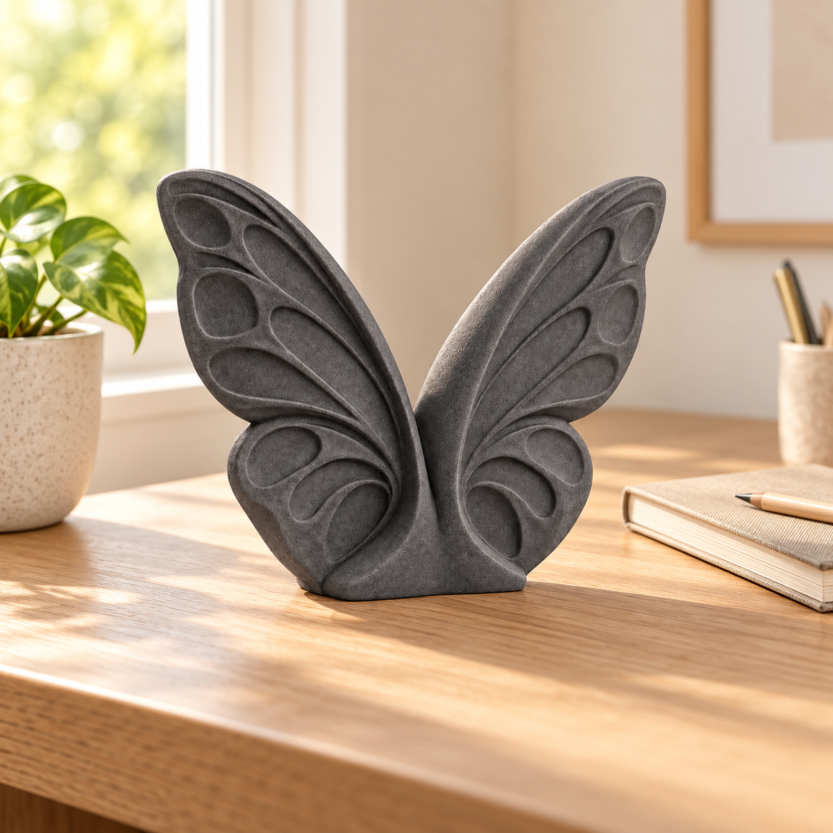 Open Wings tabletop sculpture in Charcoal: desk view
