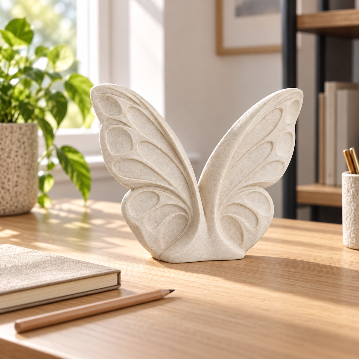 Open Wings tabletop sculpture in Matte Ivory: desk view