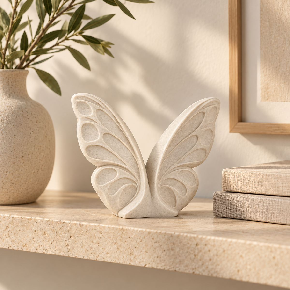 Open Wings tabletop sculpture in Matte Ivory: shelf view