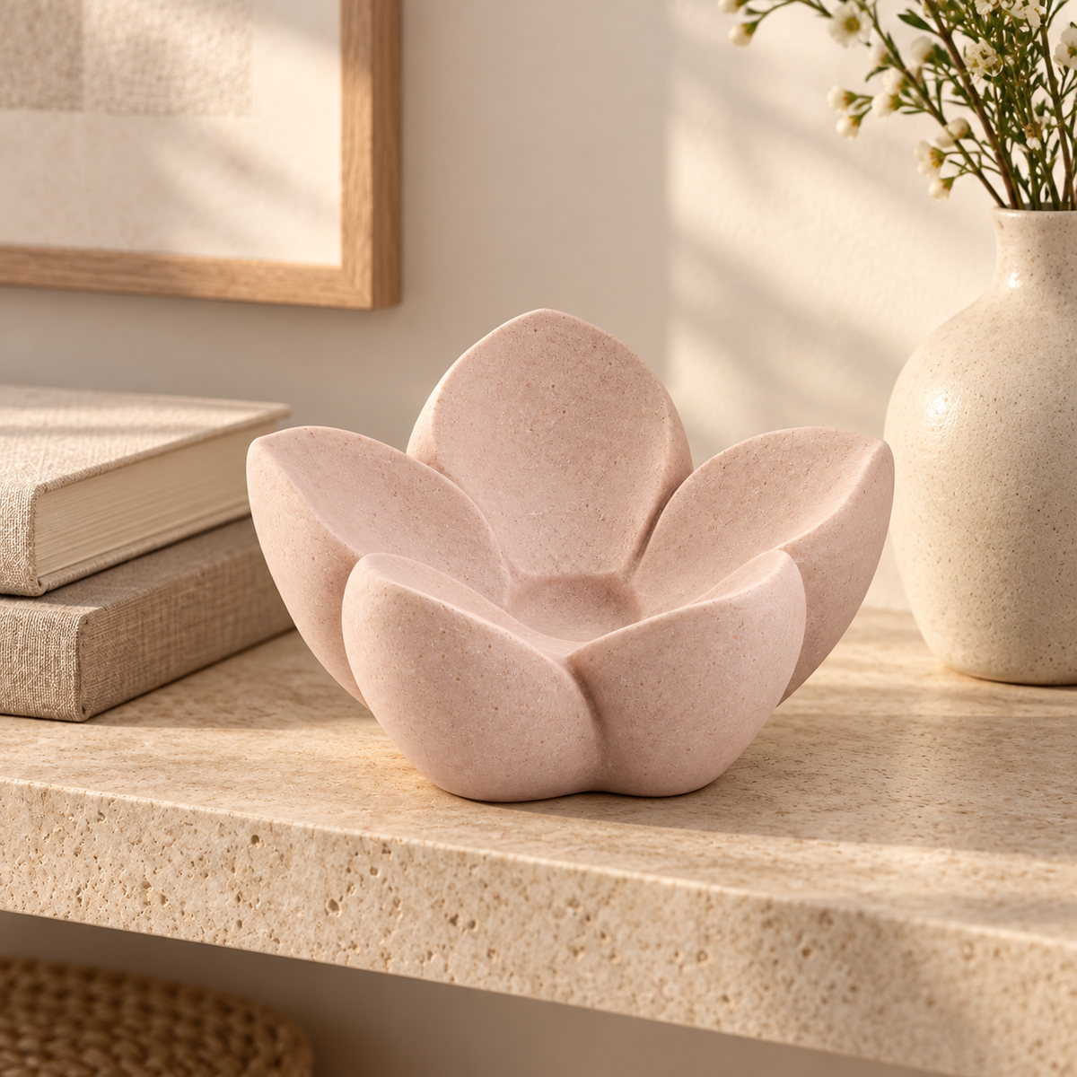 First Bloom tabletop sculpture in Soft Blush: shelf view
