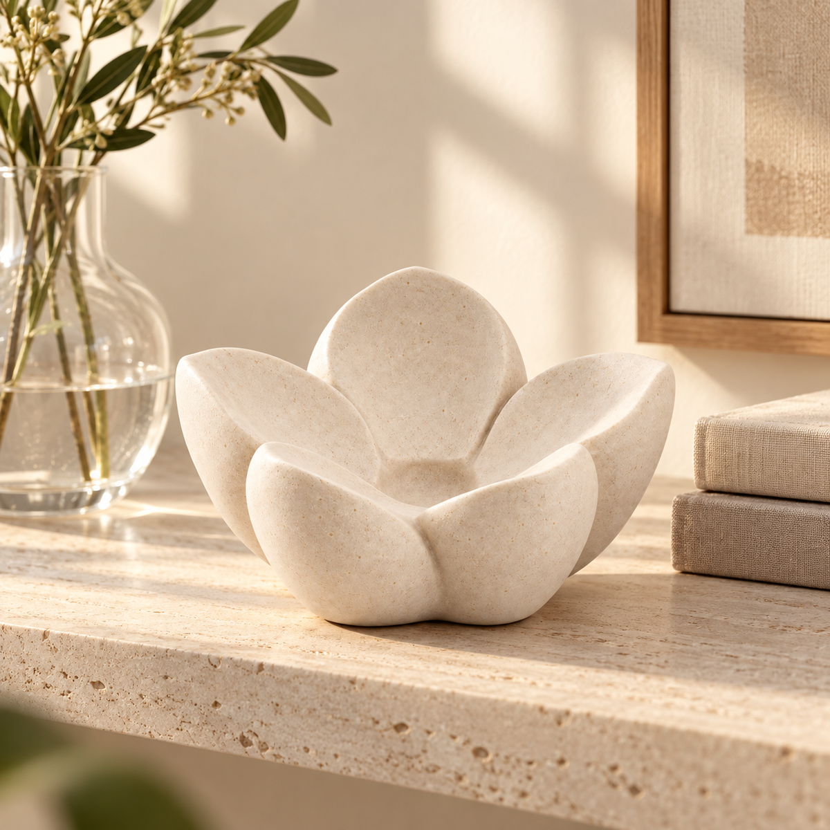 First Bloom tabletop sculpture in Warm Ivory: shelf view
