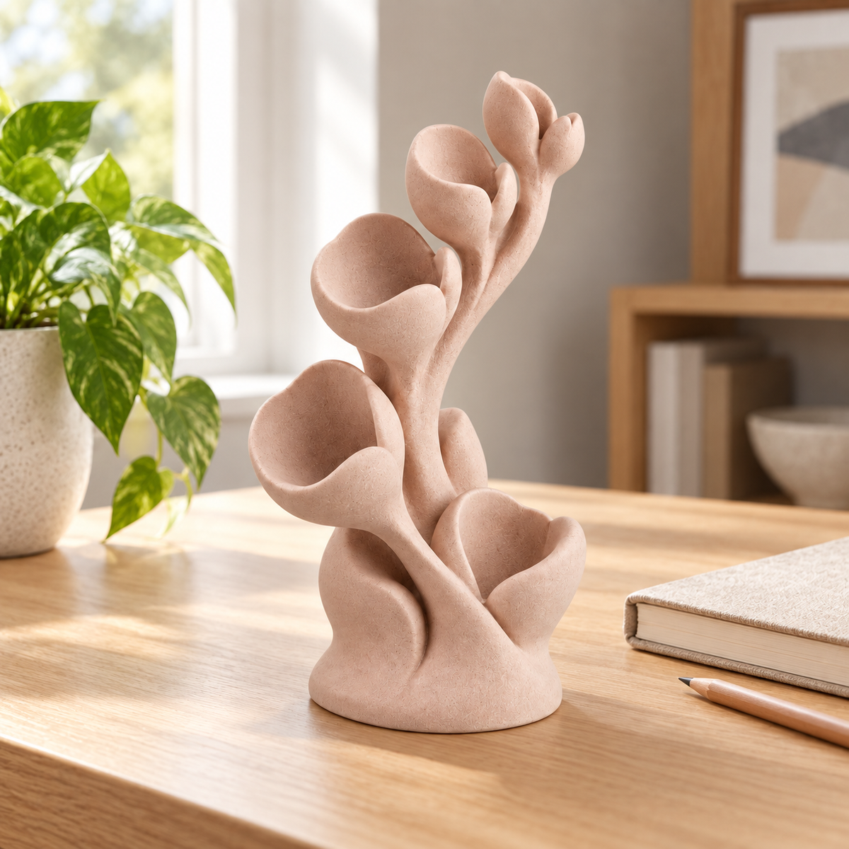 Inflorescence tabletop sculpture in Soft Blush: desk view