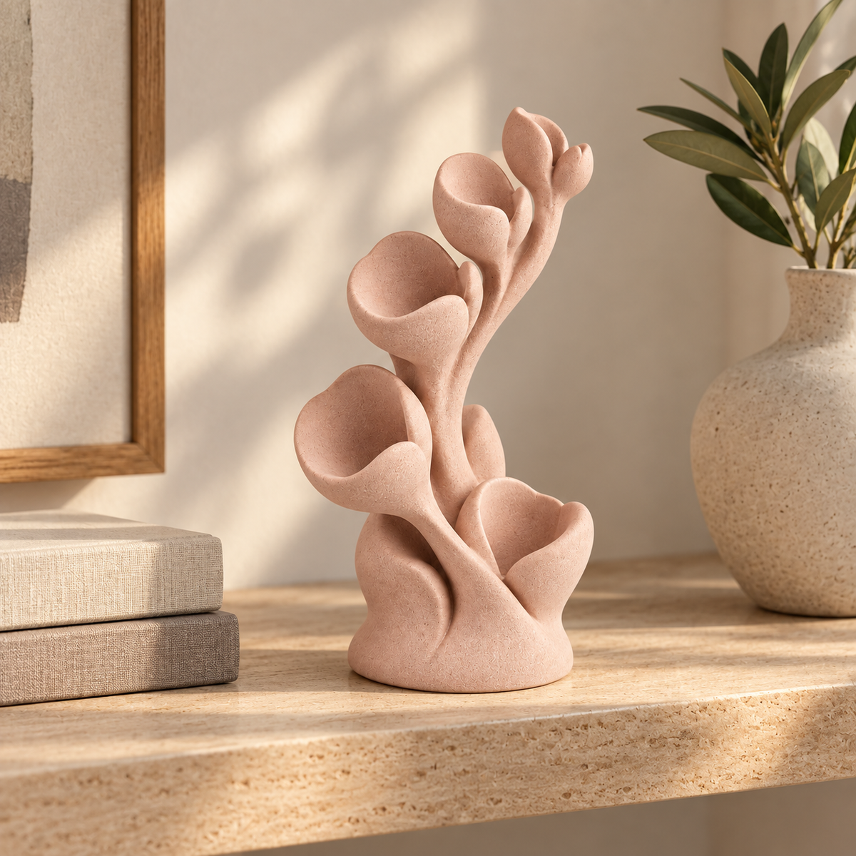 Inflorescence tabletop sculpture in Soft Blush: shelf view