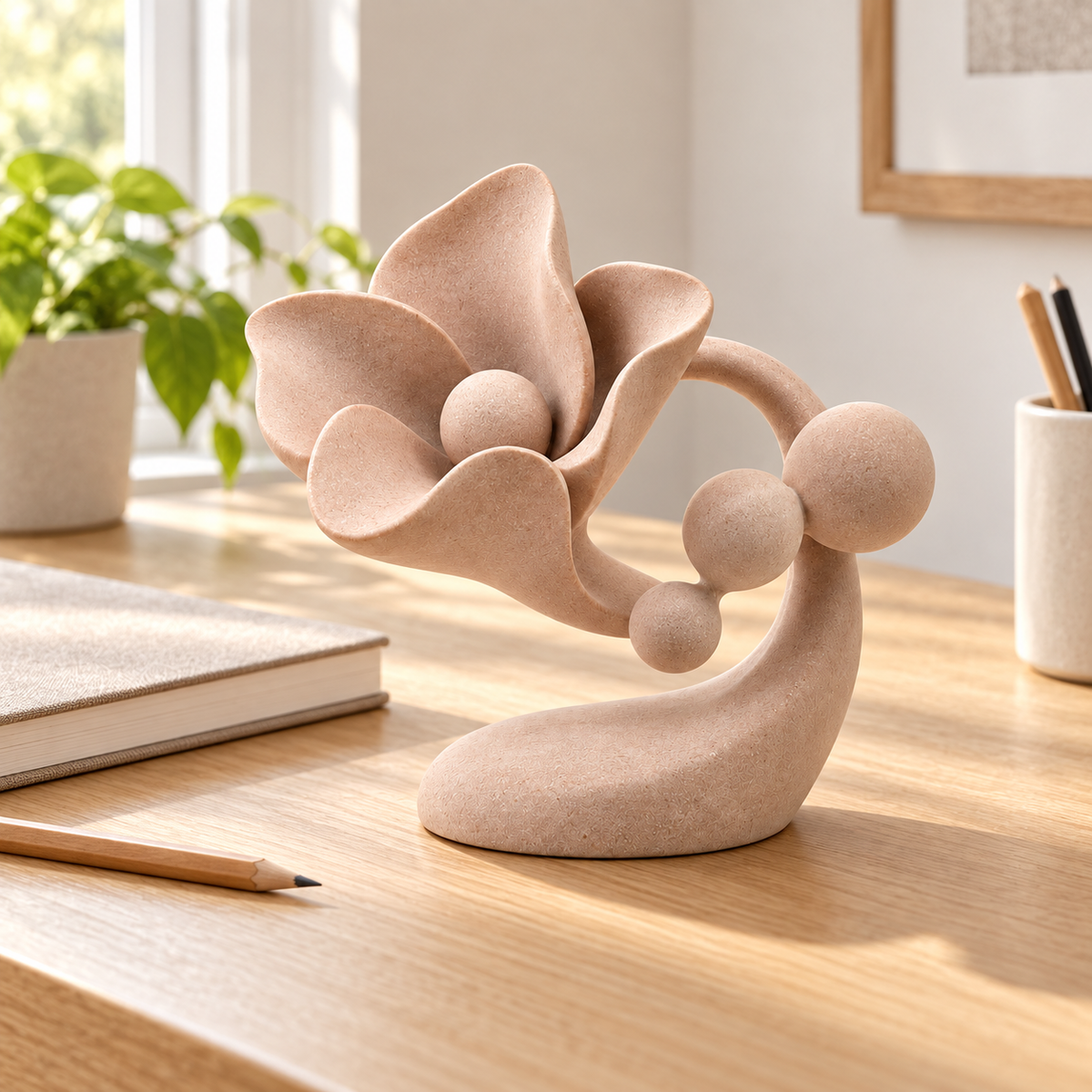 Pollen Path tabletop sculpture in Soft Blush: desk view