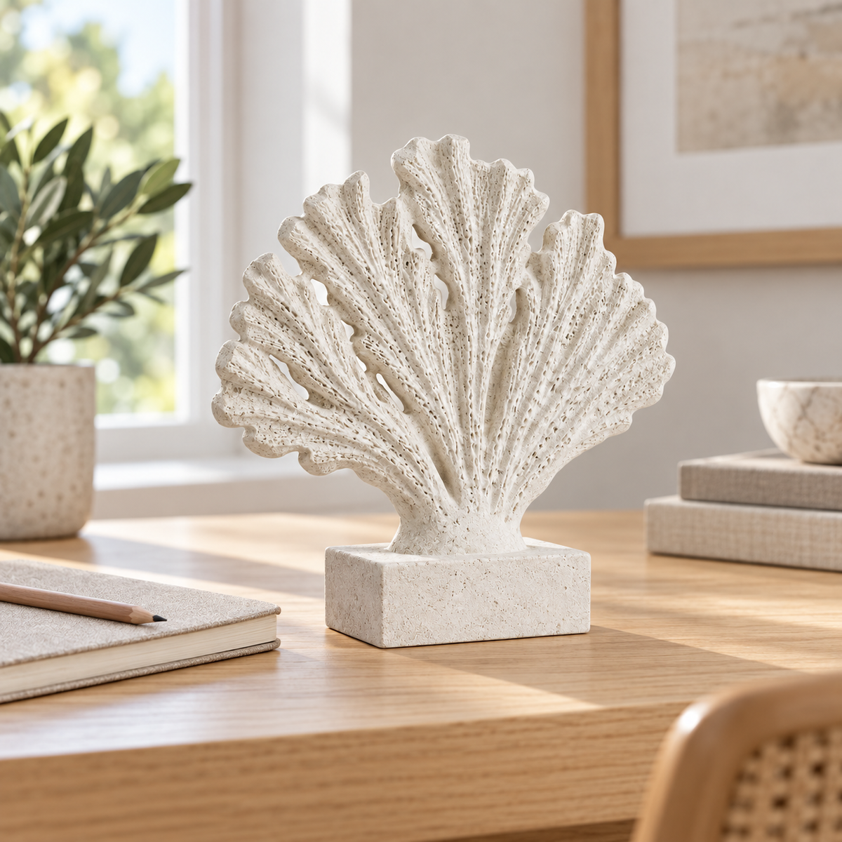 Sea Fan tabletop sculpture in Sand White: desk view