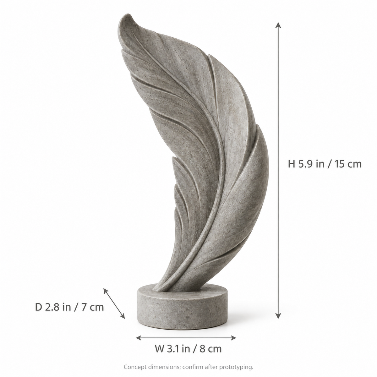 Feather Trace tabletop sculpture in Stone Gray: size view