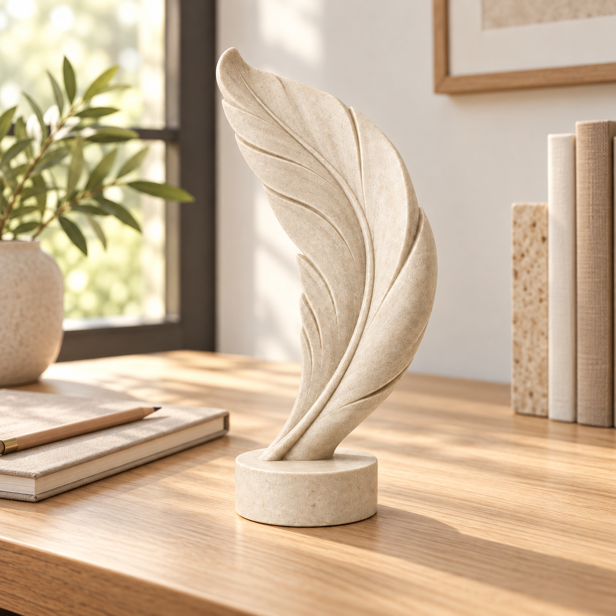 Feather Trace tabletop sculpture in Warm Ivory: desk view