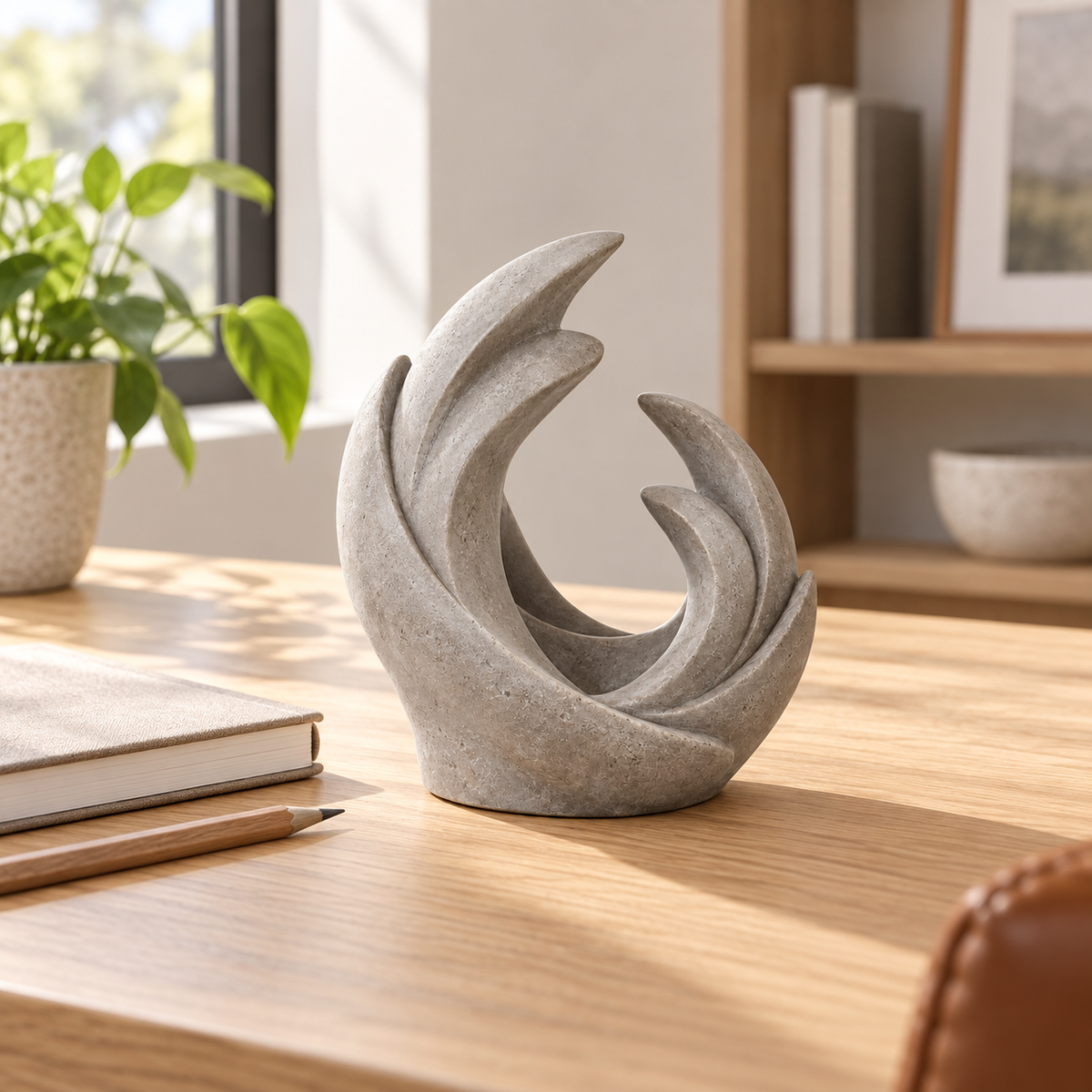 Homeward tabletop sculpture in Stone Gray: desk view
