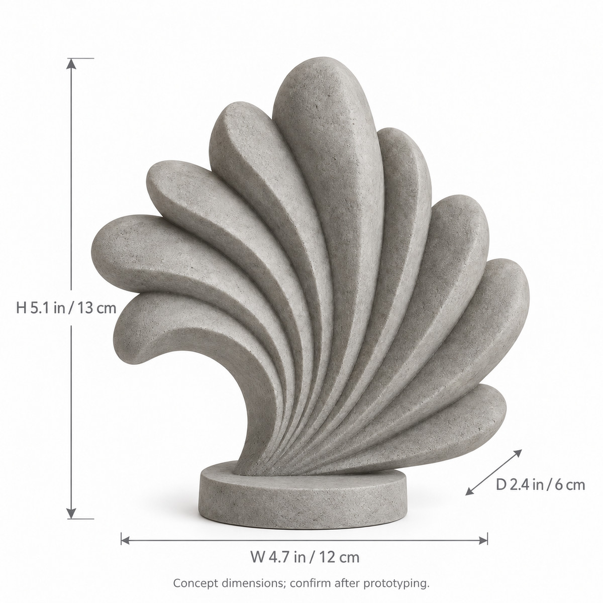 Plume tabletop sculpture in Stone Gray: size view