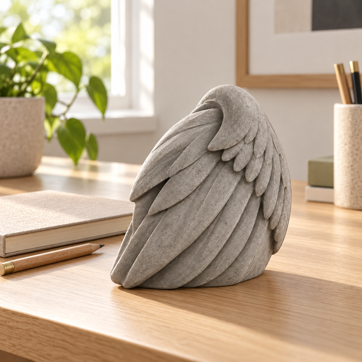 Resting Wing tabletop sculpture in Stone Gray: desk view