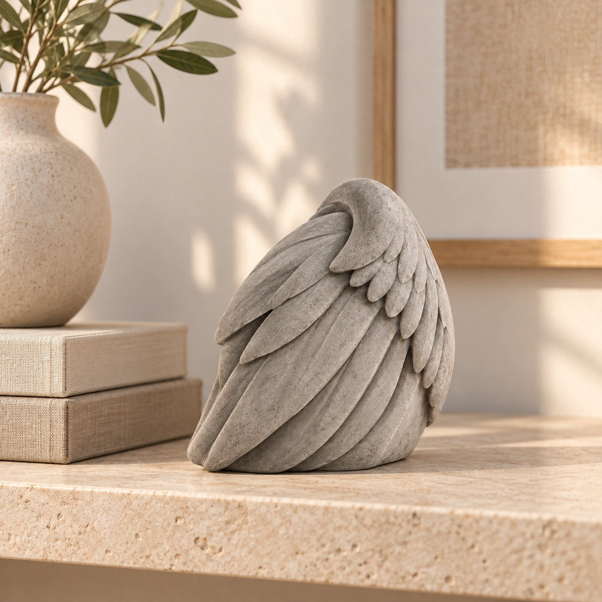 Resting Wing tabletop sculpture in Stone Gray: shelf view