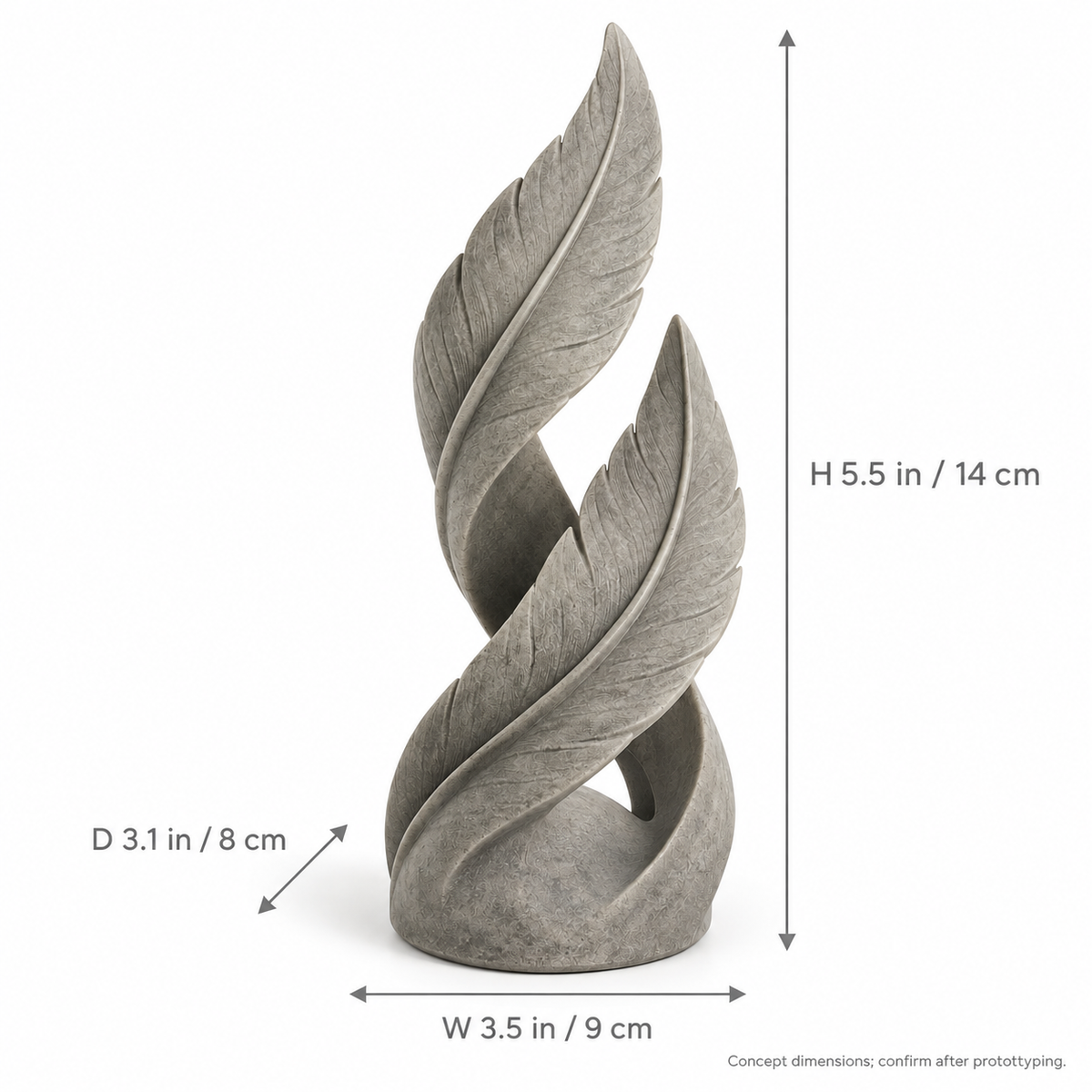 Updraft tabletop sculpture in Stone Gray: size view