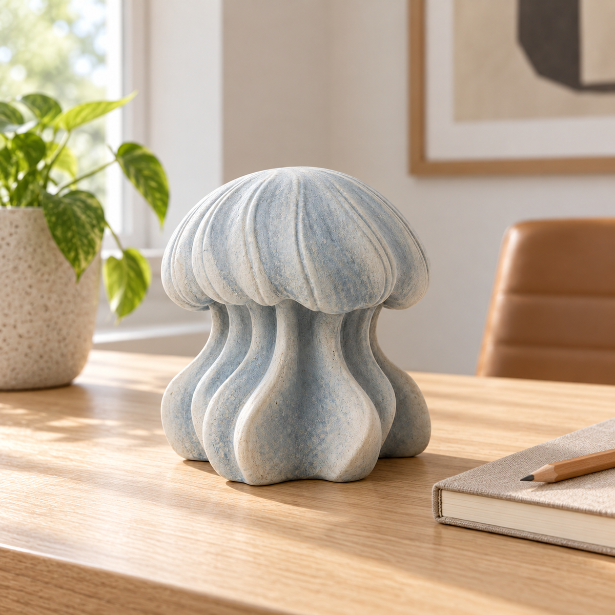Deep Bell tabletop sculpture in Mist Blue And Ivory: desk view