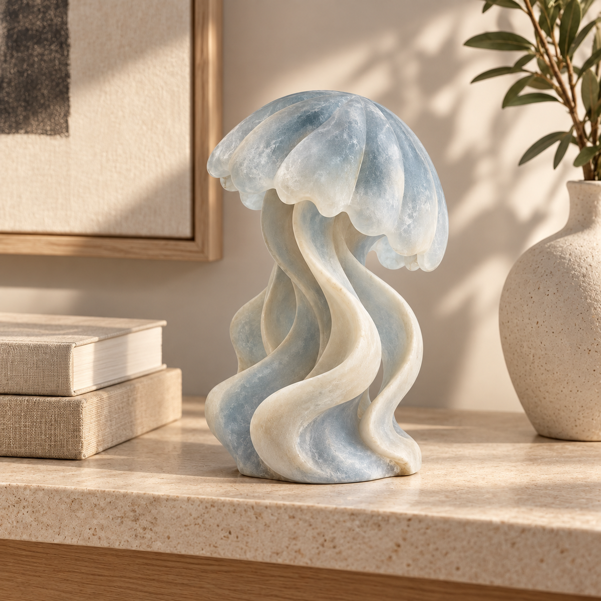 Drifting Light tabletop sculpture in Mist Blue And Ivory: shelf view