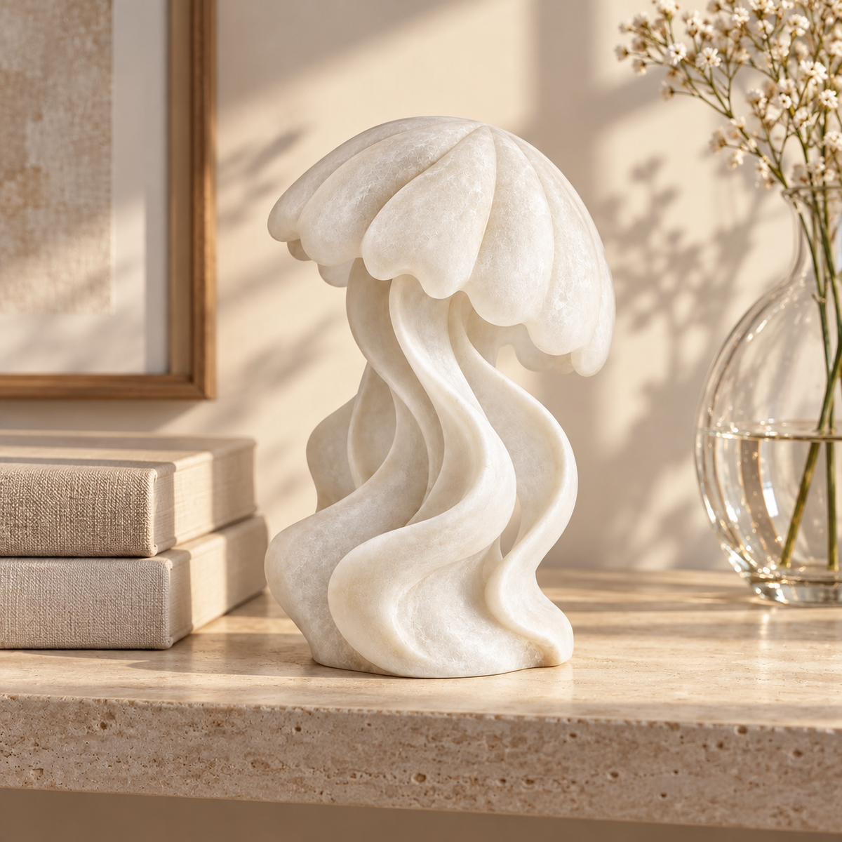 Drifting Light tabletop sculpture in Pearl White: shelf view