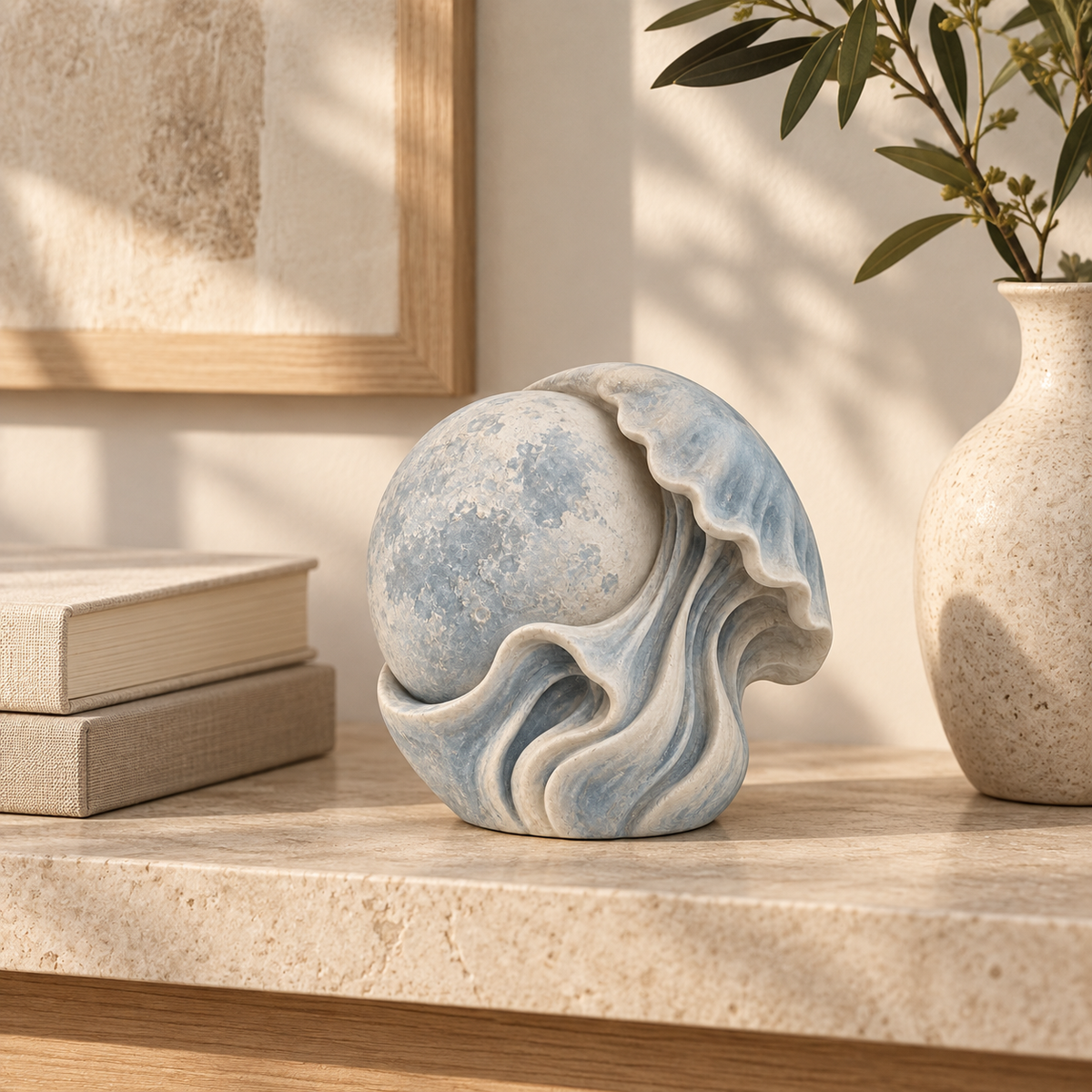 Moon Current tabletop sculpture in Mist Blue And Ivory: shelf view