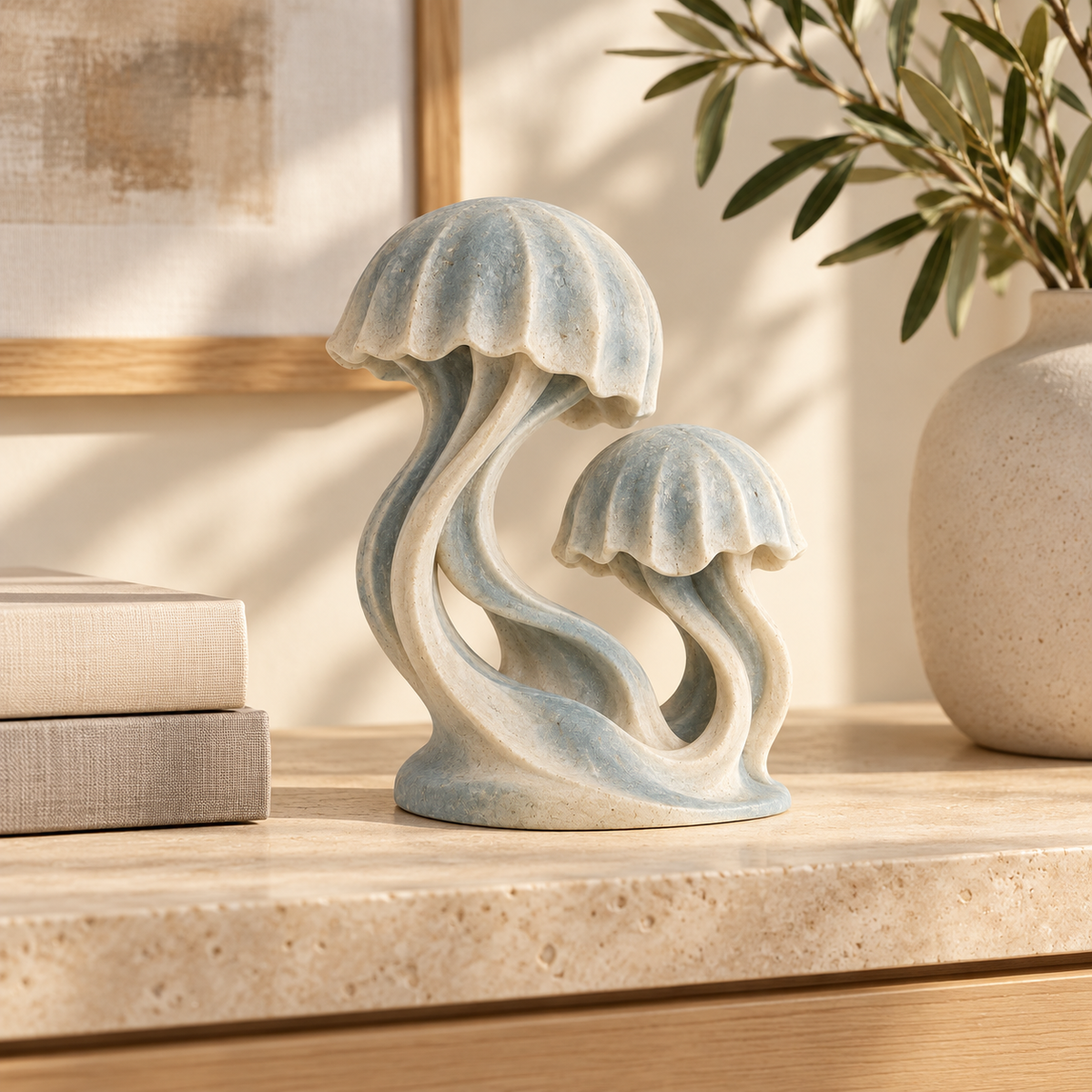 Paired Drift tabletop sculpture in Mist Blue And Ivory: shelf view
