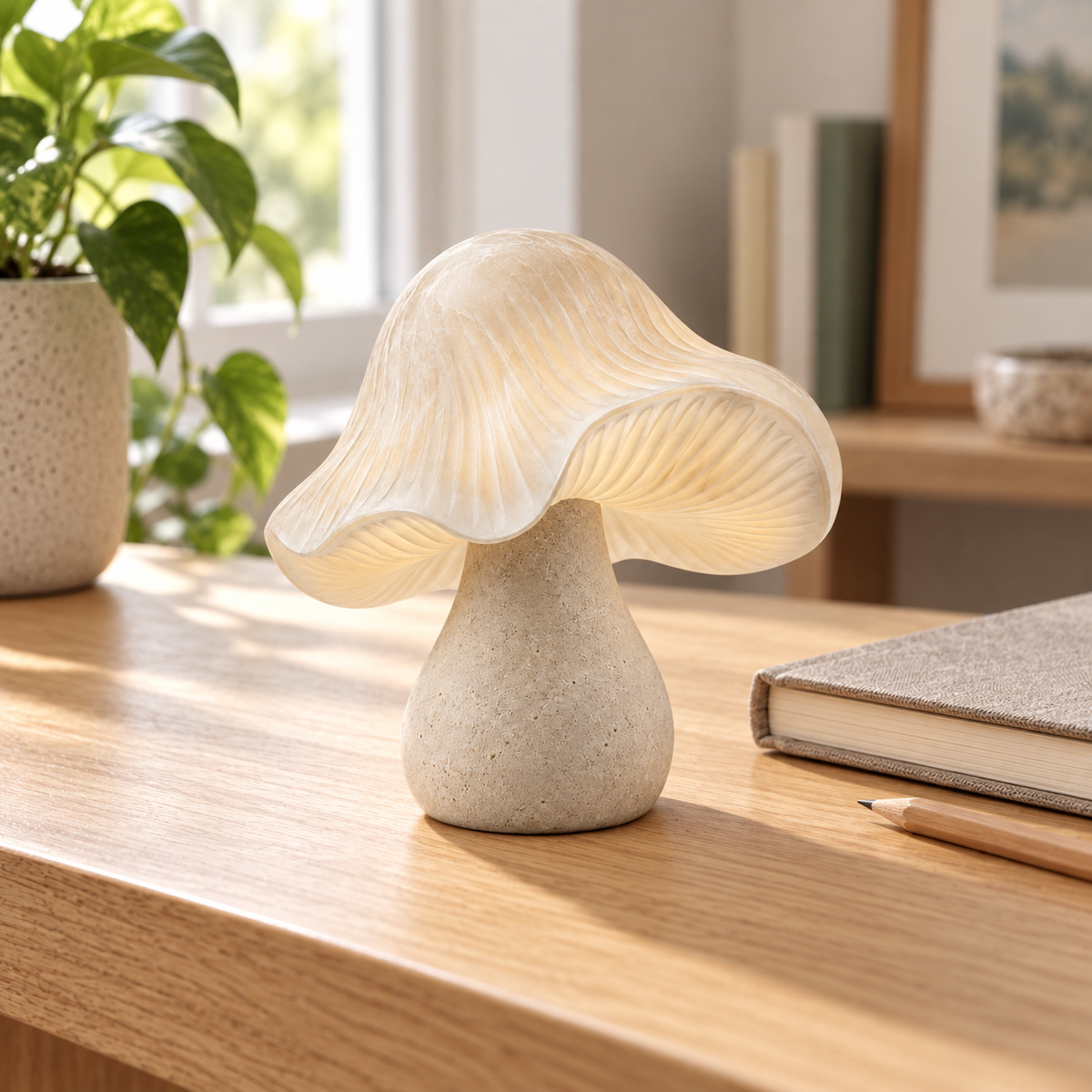 Glowcap tabletop sculpture in Warm Cream: desk view