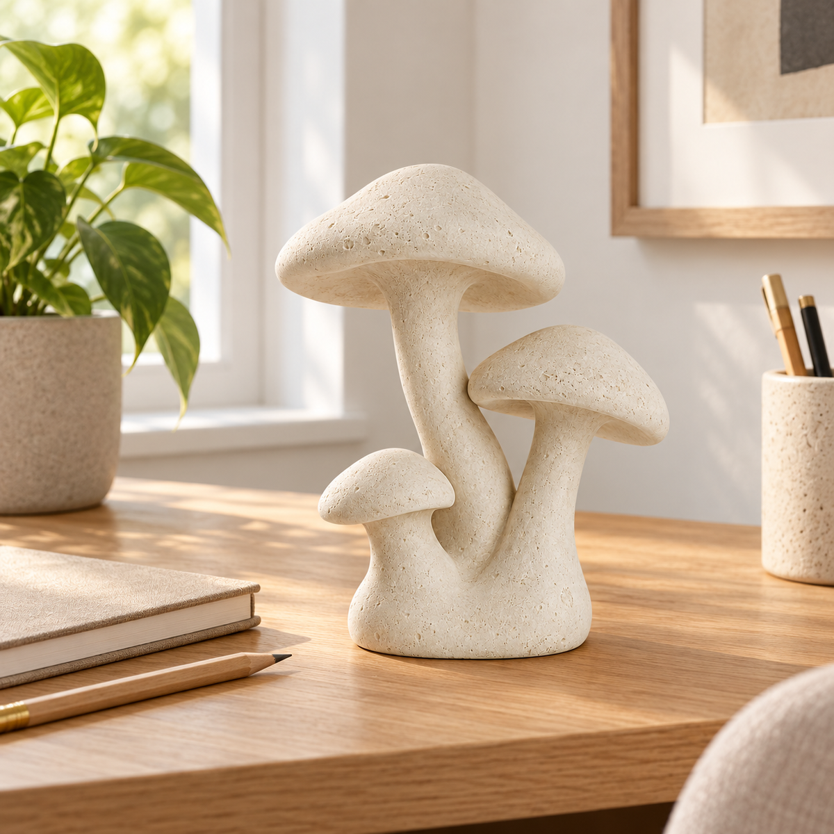 Trio tabletop sculpture in Warm Cream: desk view