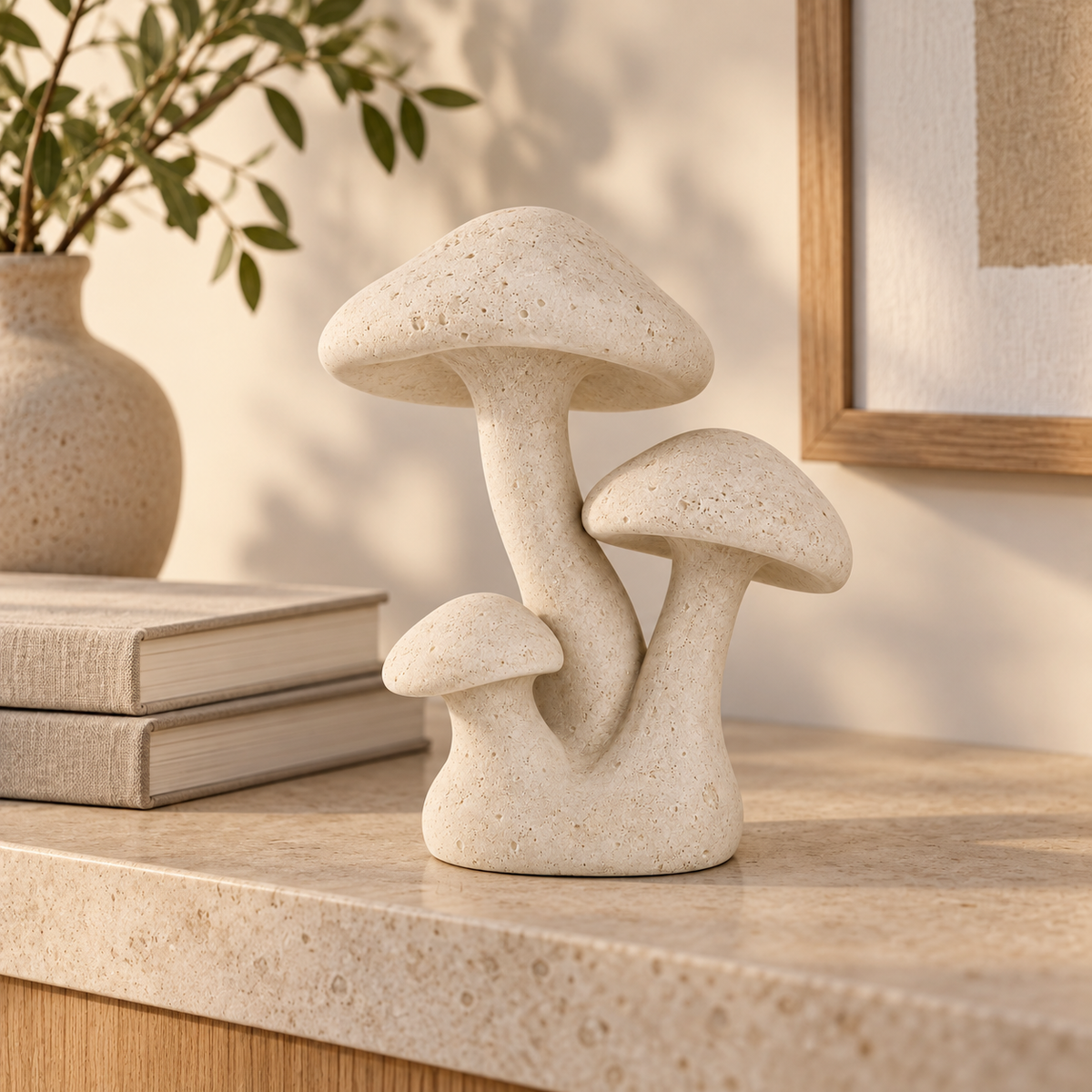 Trio tabletop sculpture in Warm Cream: shelf view