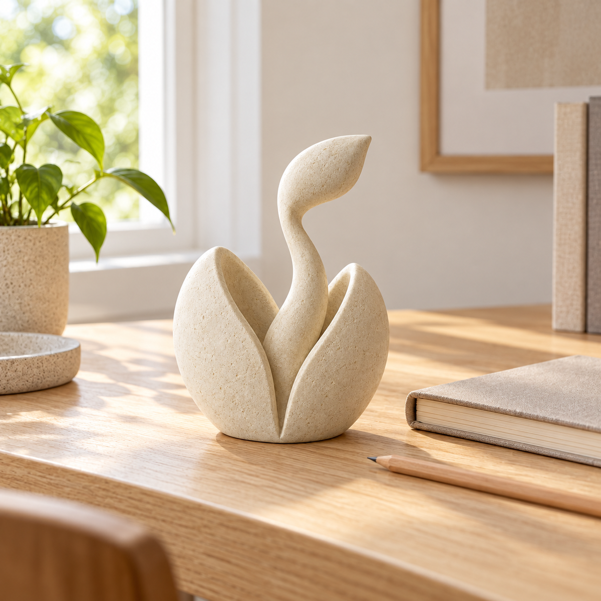 First Sprout tabletop sculpture in Warm Ivory: desk view