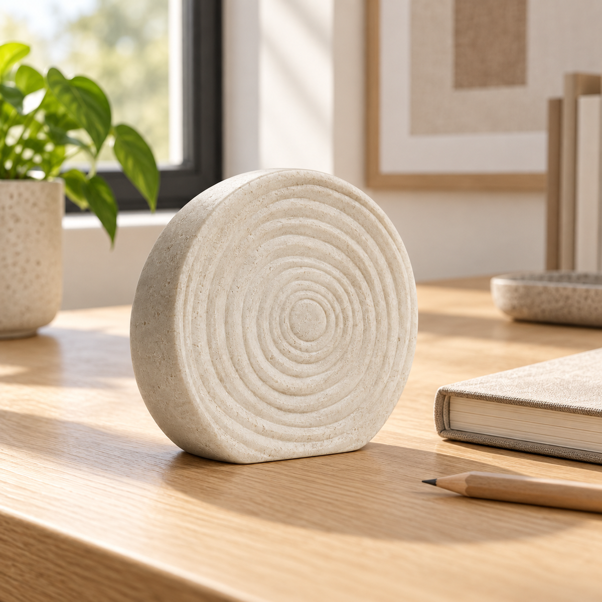 Seed Ring tabletop sculpture in Warm Ivory: desk view