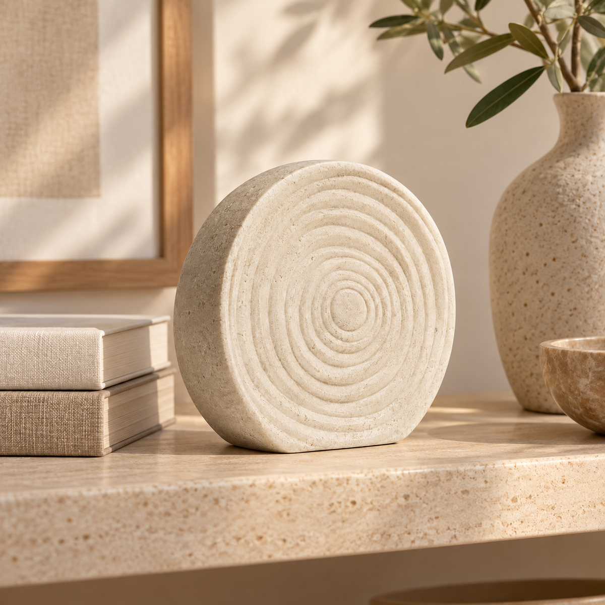 Seed Ring tabletop sculpture in Warm Ivory: shelf view