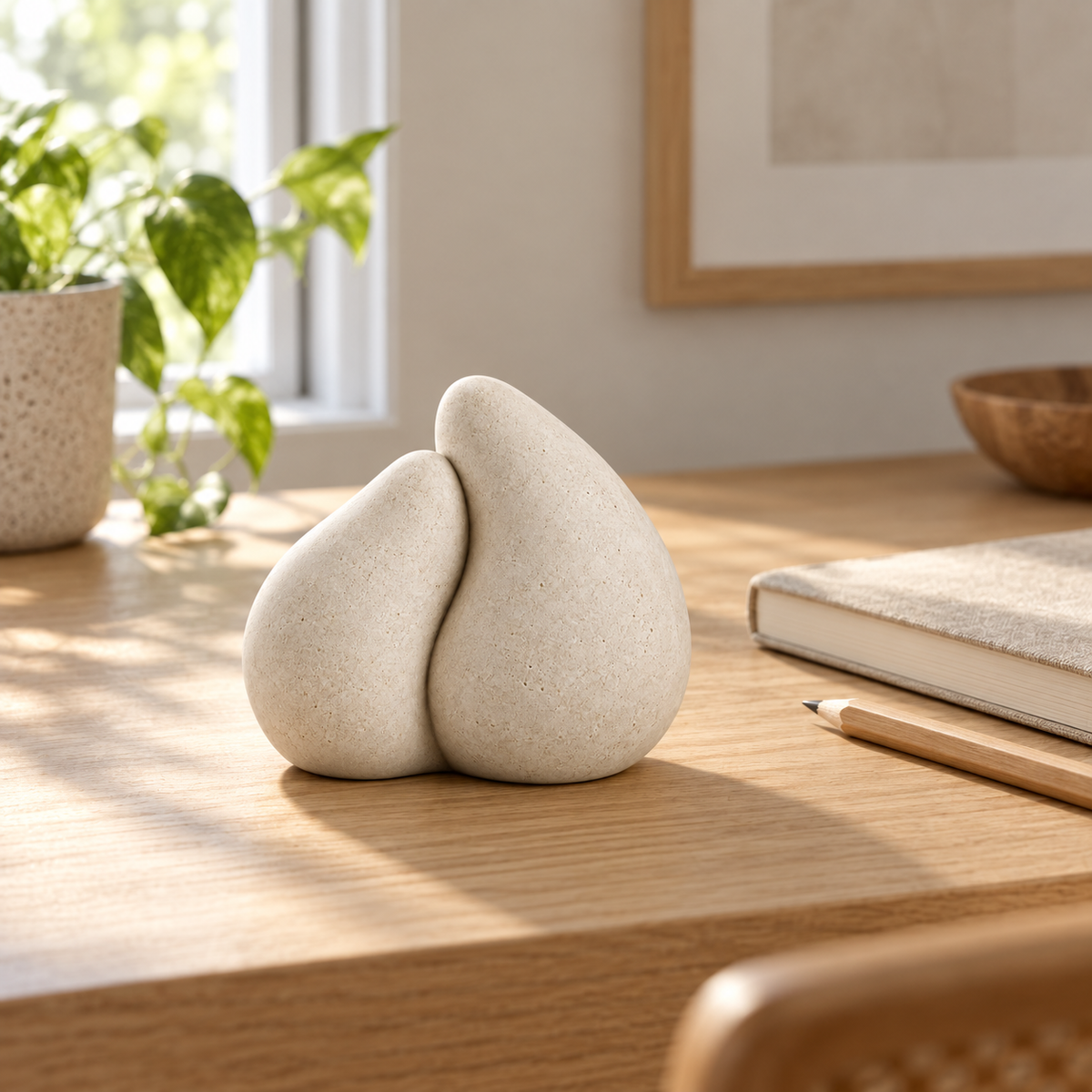 Twin Seed tabletop sculpture in Warm Ivory: desk view