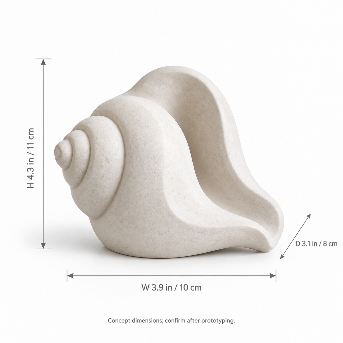 Conch tabletop sculpture in Shell White: size view