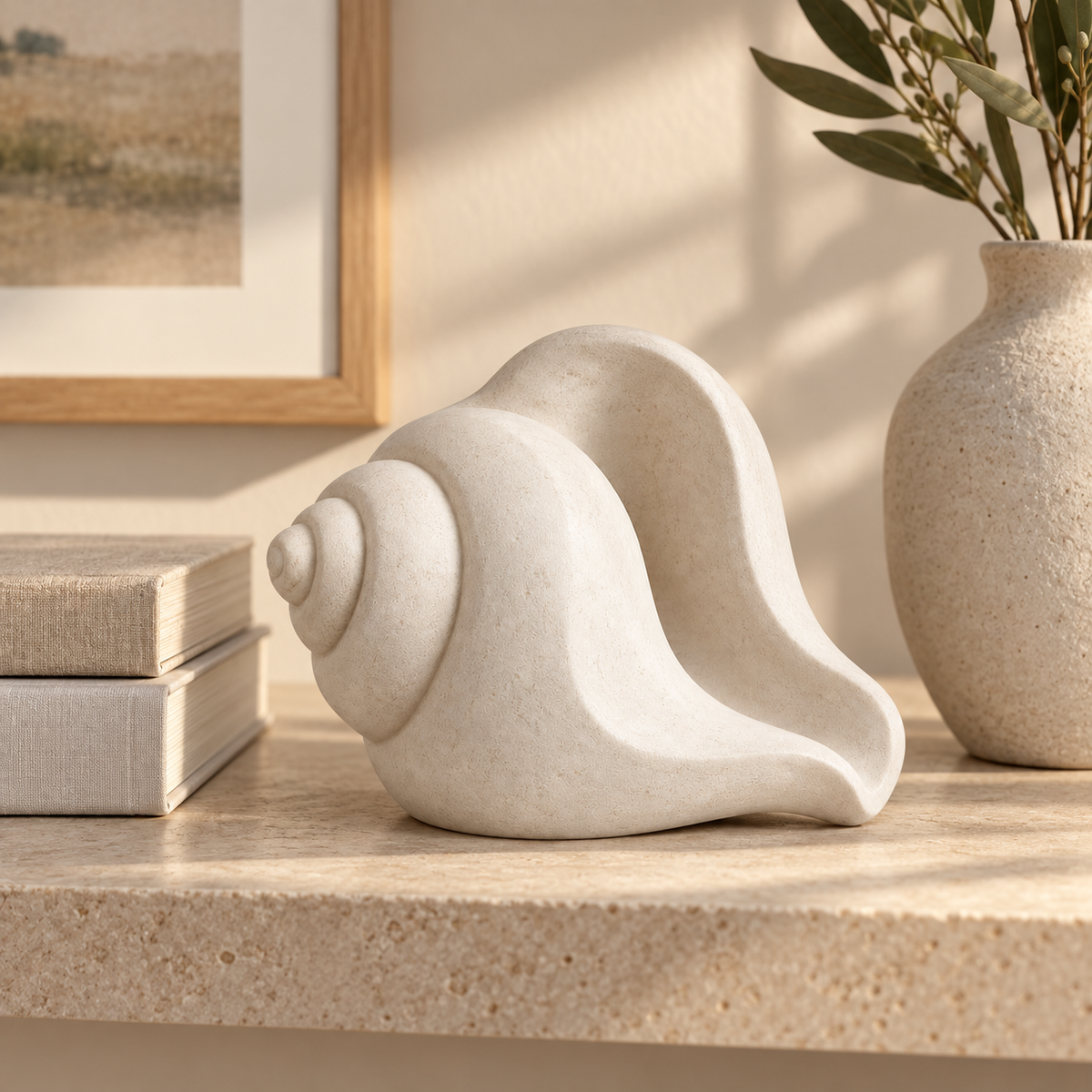 Conch tabletop sculpture in Shell White: shelf view