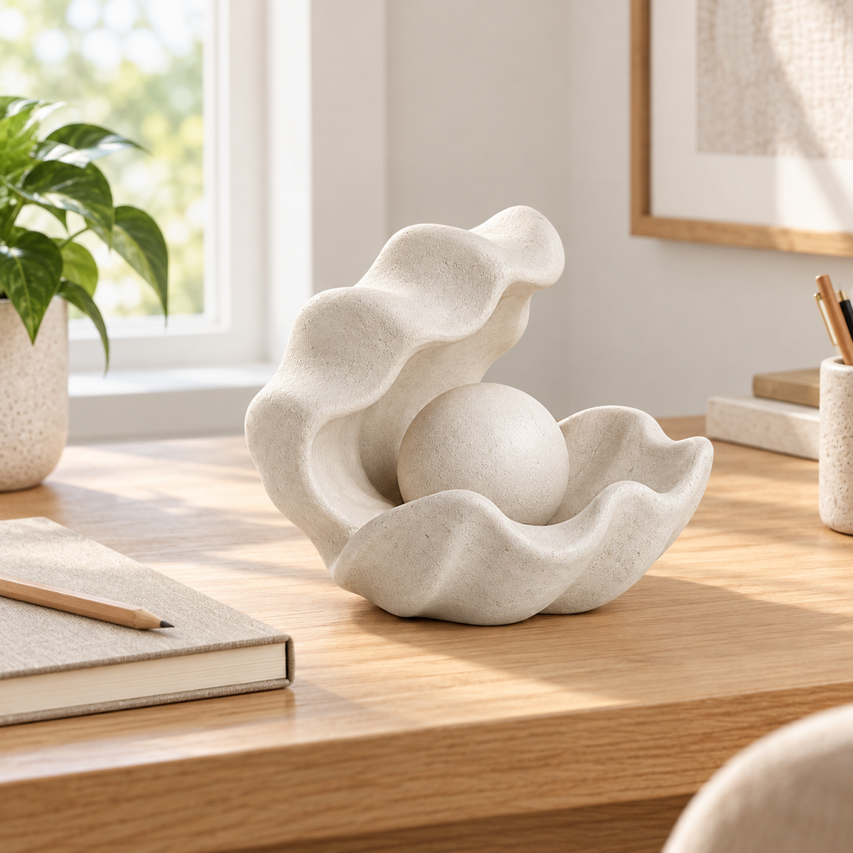Pearl Niche tabletop sculpture in Shell White: desk view