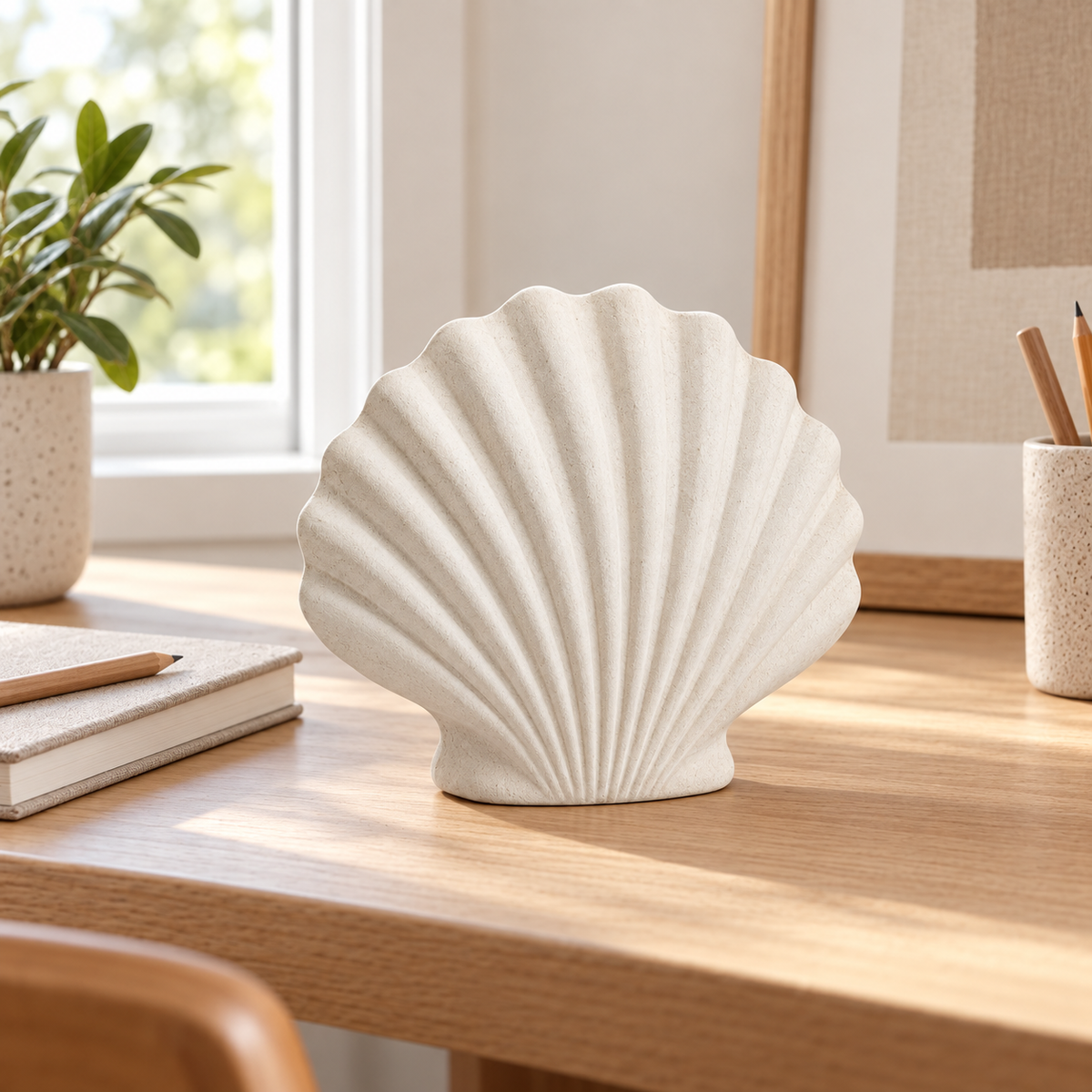 Scallop tabletop sculpture in Shell White: desk view
