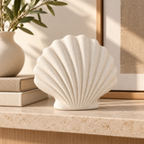 Scallop tabletop sculpture in Shell White: shelf view